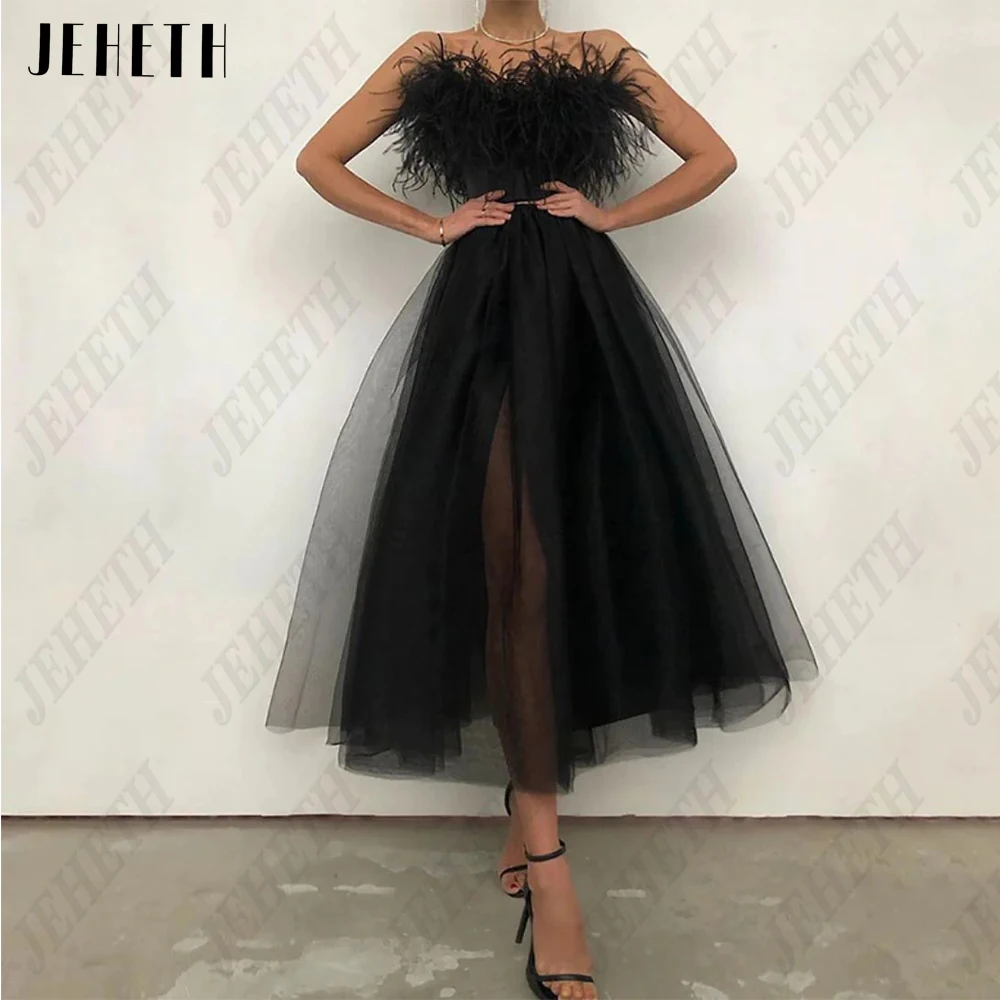 JEHETH Современные черные платья для выпускного вечера без бретелек, без рукавов, Элегантные вечерние платья для женщин из роскошного тюля, вечерние платья трапециевидной формы