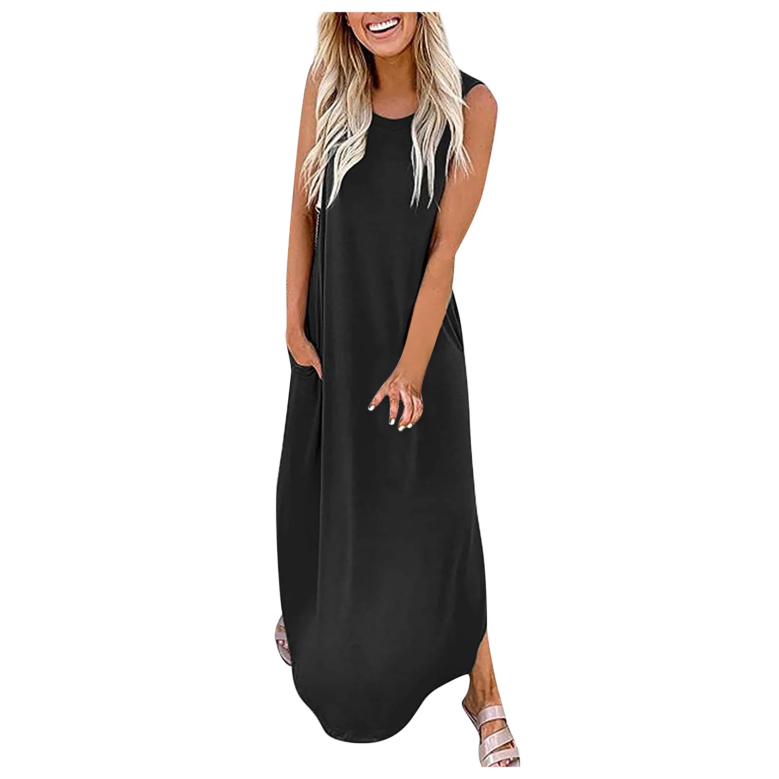 Женский повседневный свободный сарафан, длинное платье без рукавов, макси-платья с разрезом, летнее пляжное платье с карманами
