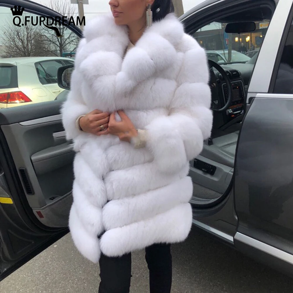 Q.FURDREAM, Новая женская шуба из натурального лисьего меха длиной 80 см, натуральная куртка, роскошное утолщенное пальто из лисьего меха, Натуральная зима
