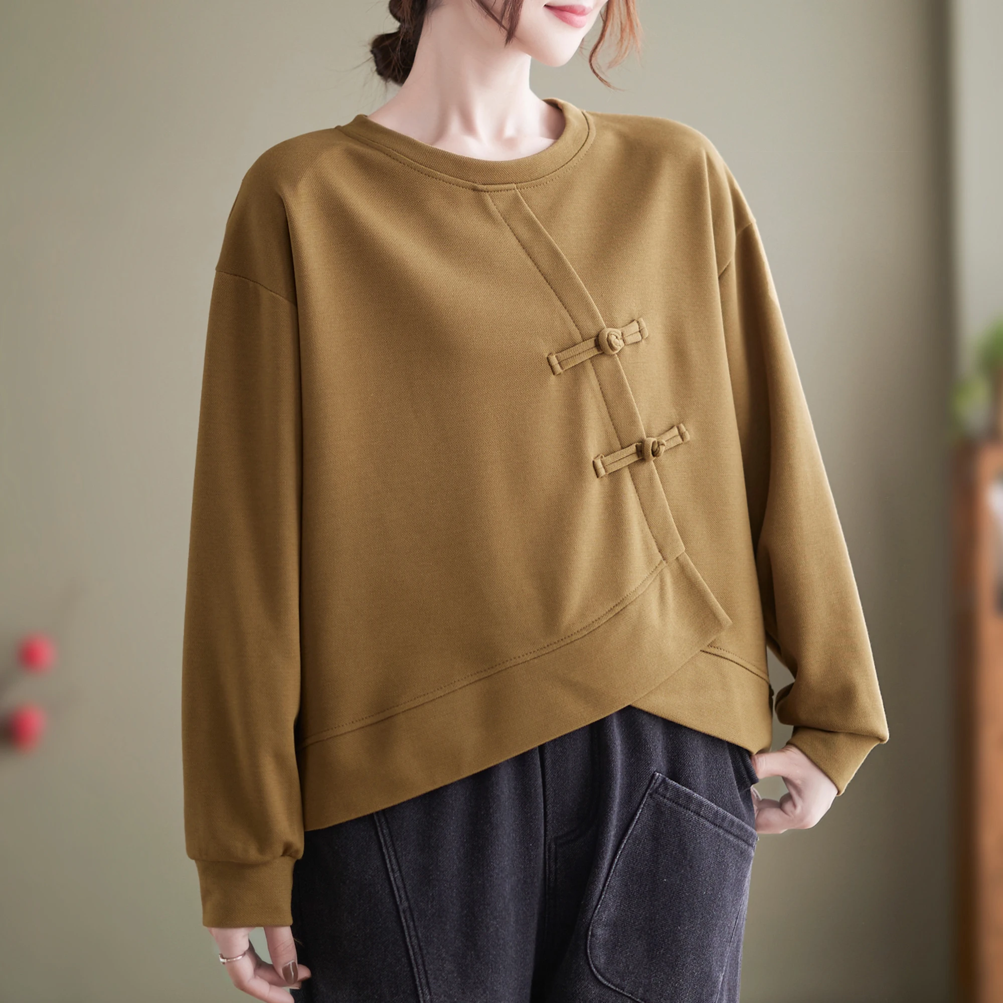Винтажная женская толстовка с нерегулярными пуговицами, осенний однотонный Свободный повседневный асимметричный пуловер, Модные элегантные женские топы
