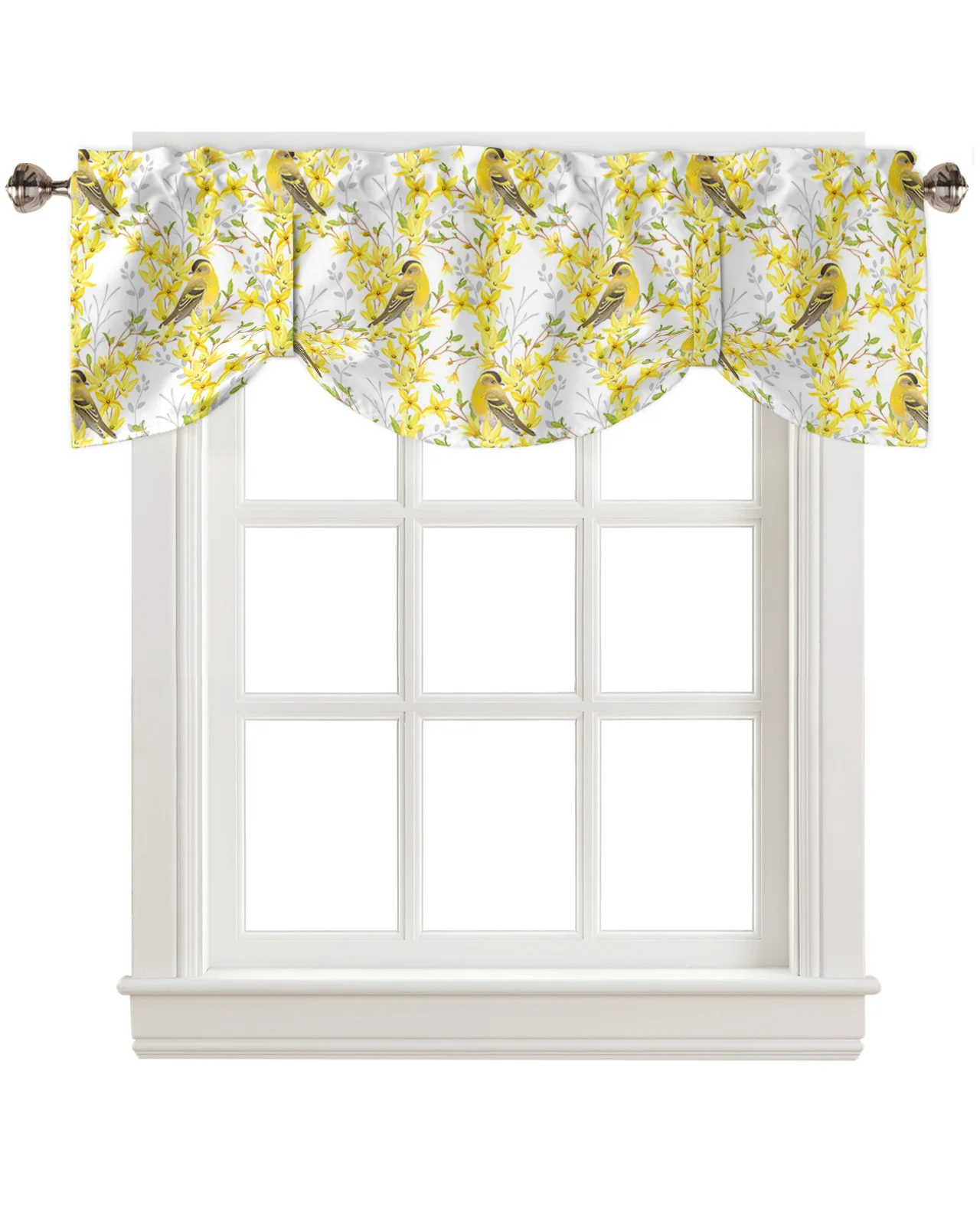 Желтые цветы и малиновки, Занавеска на окно, Гостиная, Кухонный шкаф, Балдахин, карниз, Карманный балдахин
