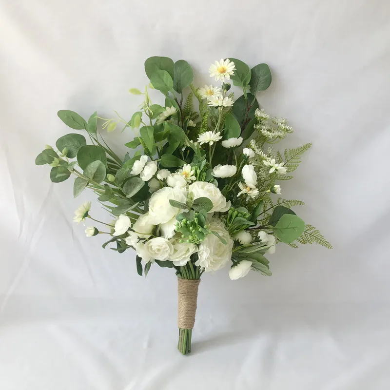Свадебный букет невесты из искусственных цветов Белые шелковые розы и зеленые листья Свадебные букеты для невесты ручной работы Buque De Noiva