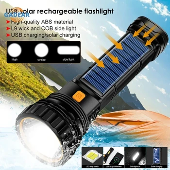 USB Солнечный Перезаряжаемый фонарик, Тактический фонарик с боковой фарой, водонепроницаемый Фонарь для кемпинга, аварийное освещение.