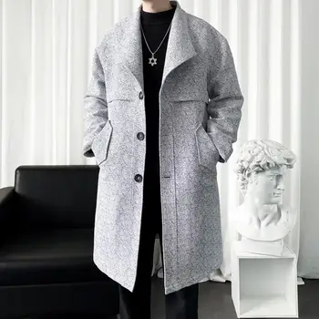 2023 Мужские длинные шерстяные пальто жаккардового переплетения, зимняя ветровка из твида Оверсайз, Корейский стиль, повседневная верхняя одежда из смесовой шерсти Y73