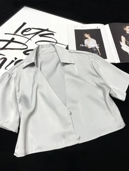 [YOZOU] Роскошная Серебристая Атласная шелковая Укороченная рубашка с коротким рукавом и V-образным вырезом, Женская Элегантная блузка, Уличная одежда в корейском стиле, Шикарный Рейв