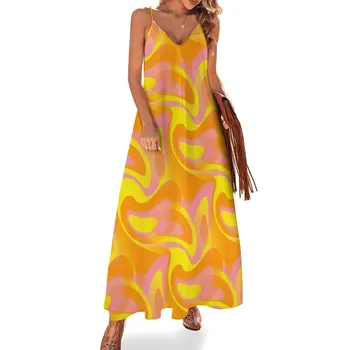 Ощущение заводности - мода 60-х, абстрактное оранжевое, розовое и желтое платье без рукавов, одежда для выпускного вечера, свадебные платья для женщин