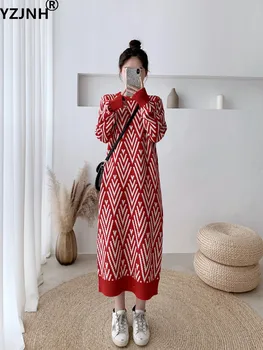 YZJNH 2023 Осенне-зимнее платье большого размера, женское Свободное Повседневное вязаное длинное платье с универсальным геометрическим рисунком, платье-свитер