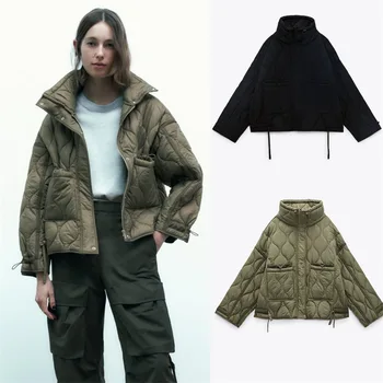 Зимнее пальто, женская Повседневная однотонная свободная хлопчатобумажная куртка со стоячим воротником, короткая куртка