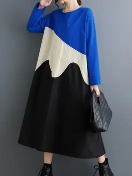 Женское платье-пуловер средней длины с оборками и круглым вырезом, эластичный пояс, Модное Осеннее Корейское платье 2023 года в стиле ретро с блокировкой цвета, Женское платье-пуловер средней длины