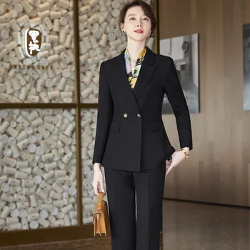 Осенний формальный женский черный блейзер 2024, женские деловые костюмы с комплектами, рабочая одежда, Офисная униформа, Брюки большого размера, куртка, весна