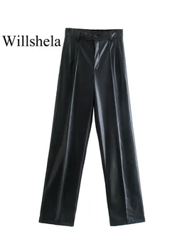 Willshela, женские модные прямые брюки из искусственной кожи черного цвета на молнии спереди, винтажные женские шикарные брюки полной длины с высокой талией