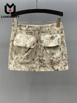 LUXE & ENVY Маленькая рабочая одежда с 3D-карманом трапециевидной формы, короткая юбка 2023, Летняя прохлада, Высокая талия, Персонализированная Тонкая Повседневная юбка-полукомбинезон, Тренд