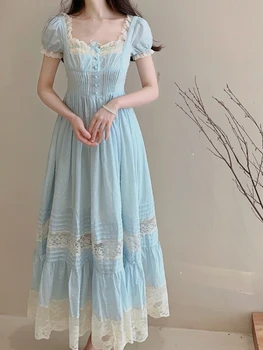 2023 Летнее Элегантное Винтажное платье Миди, Женское повседневное Синее вечернее платье, Офисное платье с коротким рукавом, Цельное платье, Корейская мода