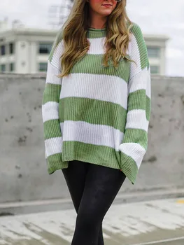 Женский осенний свободный свитер с принтом в полоску, трикотажные свитера с круглым вырезом и длинными рукавами, плотный уютный плотный трикотаж