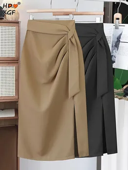 Элегантная плиссированная юбка с разрезом на шнурке, Корейская мода, молния, Высокая талия, миди-юбки трапециевидной формы для женщин, уличная универсальная юбка