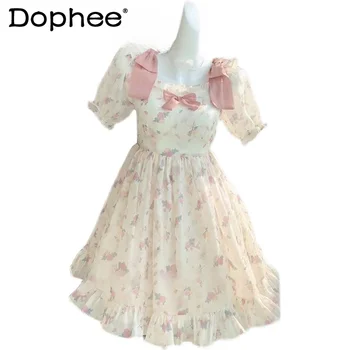 Французский стиль Классическое платье длиной до колен с пышными рукавами в цветочек, женская летняя винтажная нижняя юбка Y2k, летняя одежда для женщин
