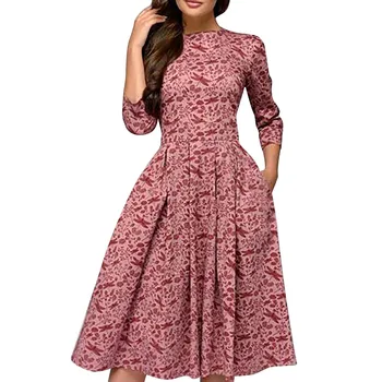Осенне-зимнее женское платье трапециевидной формы, винтажное платье с круглым вырезом и маленьким цветочным рукавом