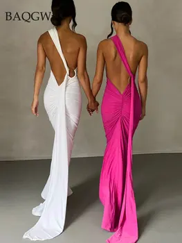 Макси-платье на бретелях с открытой спиной на одно плечо для женщин, летнее вечернее платье с бретельками на спине, без рукавов, с рюшами, сексуальное длинное платье Vestidos