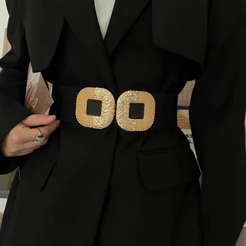 Квадратная пряжка из металла, женский эластичный пояс, широкий декоративный костюм, верхняя одежда, платье, модный пояс, черный