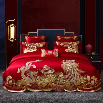 Роскошный красный комплект постельного белья в китайском свадебном стиле с вышивкой Золотого Лунга Феникса, матовый пододеяльник, Покрывало, постельное белье, наволочки