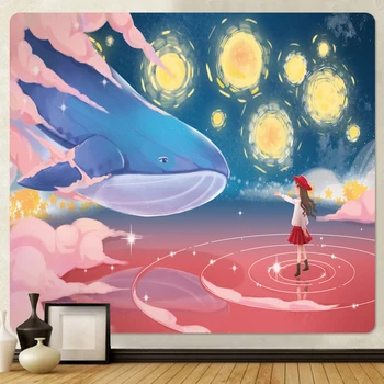 Гобелен для домашнего декора Dream Sky Whale Girl Cure Pink в стиле Хиппи, Богемная Психоделическая сцена, Настенный Гобелен для спальни