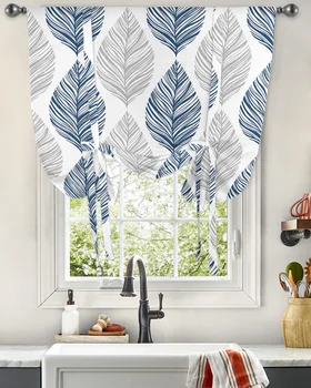 Темно-синий Серый Занавес с текстурой листьев для гостиной, кухни, Короткие шторы на завязках, Регулируемые карманные шторы на штанге