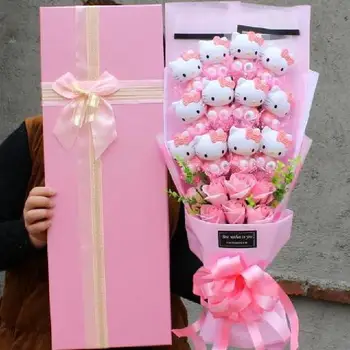 Sanrio Hello Kitty Плюшевая Мягкая Кукла Букет Милый Цветок Мыла Подарочная Коробка Цветок Розы Мультяшный Букет День Святого Валентина Подарок На День Рождения