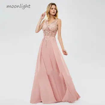 Элегантные розовые вечерние платья с V-образным вырезом, Шифоновое вечернее платье 
