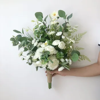 Свадебный букет невесты из искусственных цветов Белые шелковые розы и зеленые листья Свадебные букеты для невесты ручной работы Buque De Noiva