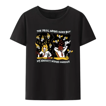 Футболка с изображением Дьявола против тревоги, Забавные буквы на футболке, Трендовый персонаж комиксов с хипстерским юмором, Свободная Ropa Mujer, Классический рисунок для отдыха.