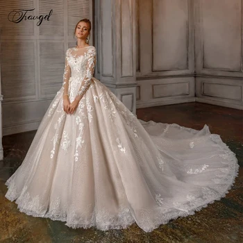 Кружевное бальное платье Traugel Sexy Illusion с длинным рукавом, свадебные платья, роскошные аппликации, шлейф из бисера, винтажные свадебные платья в стиле собора.