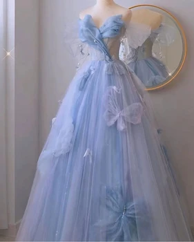 AsaNagi Светло-голубые тюлевые вечерние платья Принцессы трапециевидной формы без бретелек Для женщин, Элегантные платья для выпускного вечера 2023 года