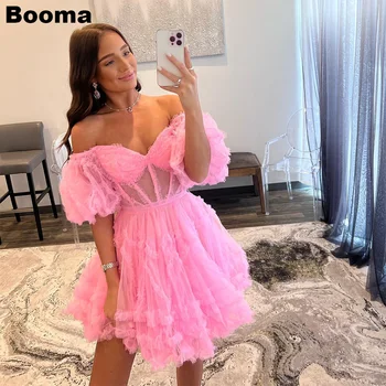 Booma Розовые мини-платья трапециевидной формы для выпускного вечера с открытыми плечами, многоуровневые вечерние платья из тюля, коктейльное платье для особых случаев