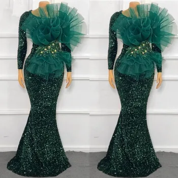 Изумрудно-зеленые платья для выпускного вечера с блестками, Длинные рукава, вечерние платья с блеском Русалки, Африканское женское вечернее платье Aso Ebi, vestidos