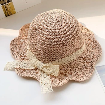 Детская плетеная соломенная шляпа с лепестковыми полями, Солнцезащитная Кружевная шапочка для девочек, Складные Пляжные Милые Детские шляпы-ведерки