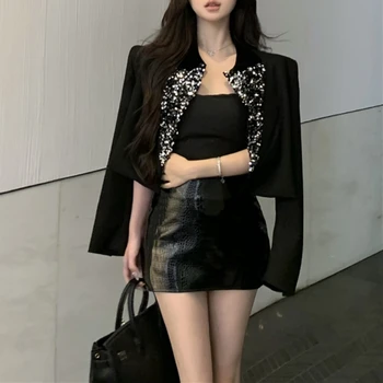 2023 Осень, Новая Корейская куртка с пайетками, повседневная Черная куртка с длинным рукавом, женская + сексуальная облегающая кожаная мини-юбка, костюм-двойка