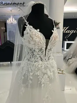 Иллюзия реального изображения Свадебные платья на бретельках трапециевидной формы без рукавов с открытой спиной, кружевные свадебные платья с аппликацией