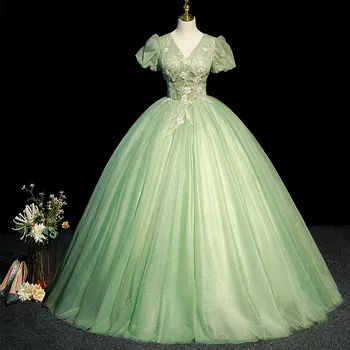 Зеленые Пышные платья, Милое Вечернее платье С пышными рукавами Для девочек 16 лет, Классические Бальные платья С V-образным вырезом, платье для выпускного вечера, Вечернее платье 15 Anos