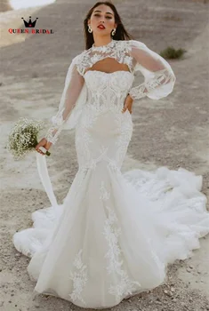 Элегантные платья Невесты с длинными рукавами, ВЫСОКИМ воротом и пуговицами сзади, Тюлевое свадебное платье Русалки, Кружевное платье Vestidos De Novia ZQ04