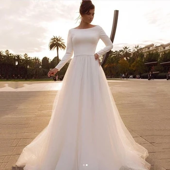 Простое атласное свадебное платье, платья невесты с длинным рукавом и фатиновой юбкой, Vestidos De Noiva для женщин, платья для свадебных вечеринок принцесс