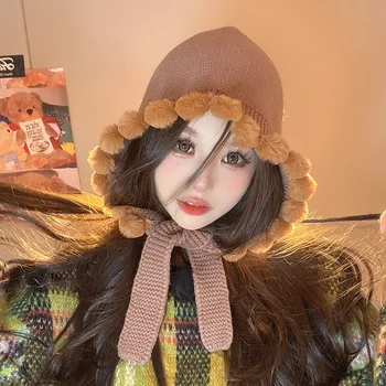 Корейские женщины, Осенне-зимний пуловер с защитой ушей в виде подсолнуха, теплая милая шапочка для волос, вязаные Модные шапочки-бини на шнуровке