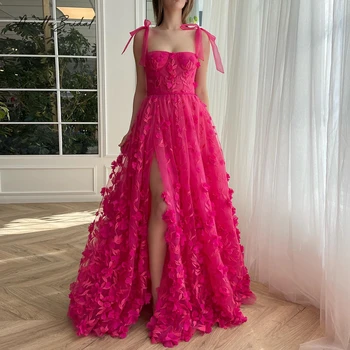 Ариетта Фуксия Цветочные кружевные платья для выпускного вечера с бантиками, 3D Цветы, вечерние платья трапециевидной формы с высоким разрезом, вечерние платья на шнуровке сзади
