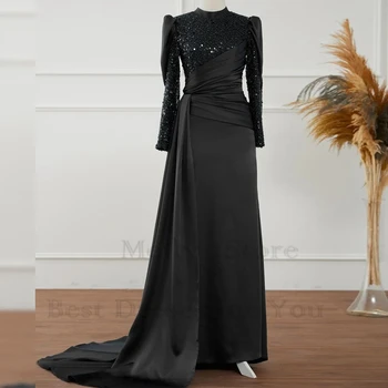 Черные вечерние платья с реальным изображением для женщин, расшитые блестками, Атласные платья для выпускного вечера 2023 года, шлейф со складками, Vestido De Noche Summer New