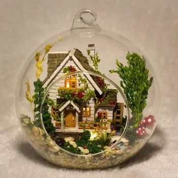 Наборы для сборки модели кукольного домика из мини-стеклянного шара, деревянная миниатюрная кукольная игрушка ручной работы, Рождественский подарок -house of the forest