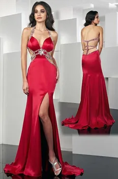 Красное длинное платье для выпускного вечера, вечерние платья Русалки с V-образным вырезом, расшитые бисером, с разрезом сзади, сексуальное атласное женское вечернее платье