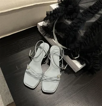 Однотонные сандалии с перекрестной шнуровкой 2023, Летняя женская обувь известного бренда, туфли-лодочки на высоком каблуке с острым носком, Повседневные женские туфли