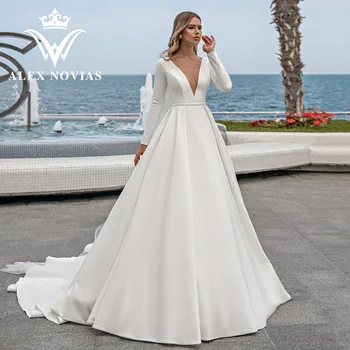 Свадебное платье Трапециевидной формы с длинным рукавом ALEX NOVIAS 2023, платье Принцессы для выпускного вечера с V-образным вырезом и открытой спиной, Атласное Vestidos Novias De Saten