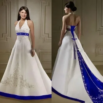 Свадебное платье без рукавов с атласной вышивкой на шее, Длинное Модное платье с вышивкой синего цвета для новобрачных