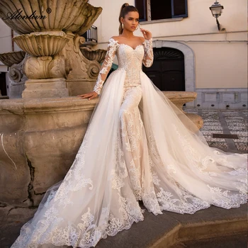 Alonlivn Элегантное свадебное платье 2 В 1 Со съемным шлейфом, аппликацией, кружевным тюлем цвета шампанского, длинными рукавами, свадебными платьями