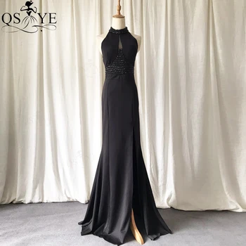 Вечерние платья QSYYE с высоким воротом, черное платье русалки для выпускного вечера, платья для выпускного вечера с бисерной талией, длинное сексуальное вечернее платье с разрезом